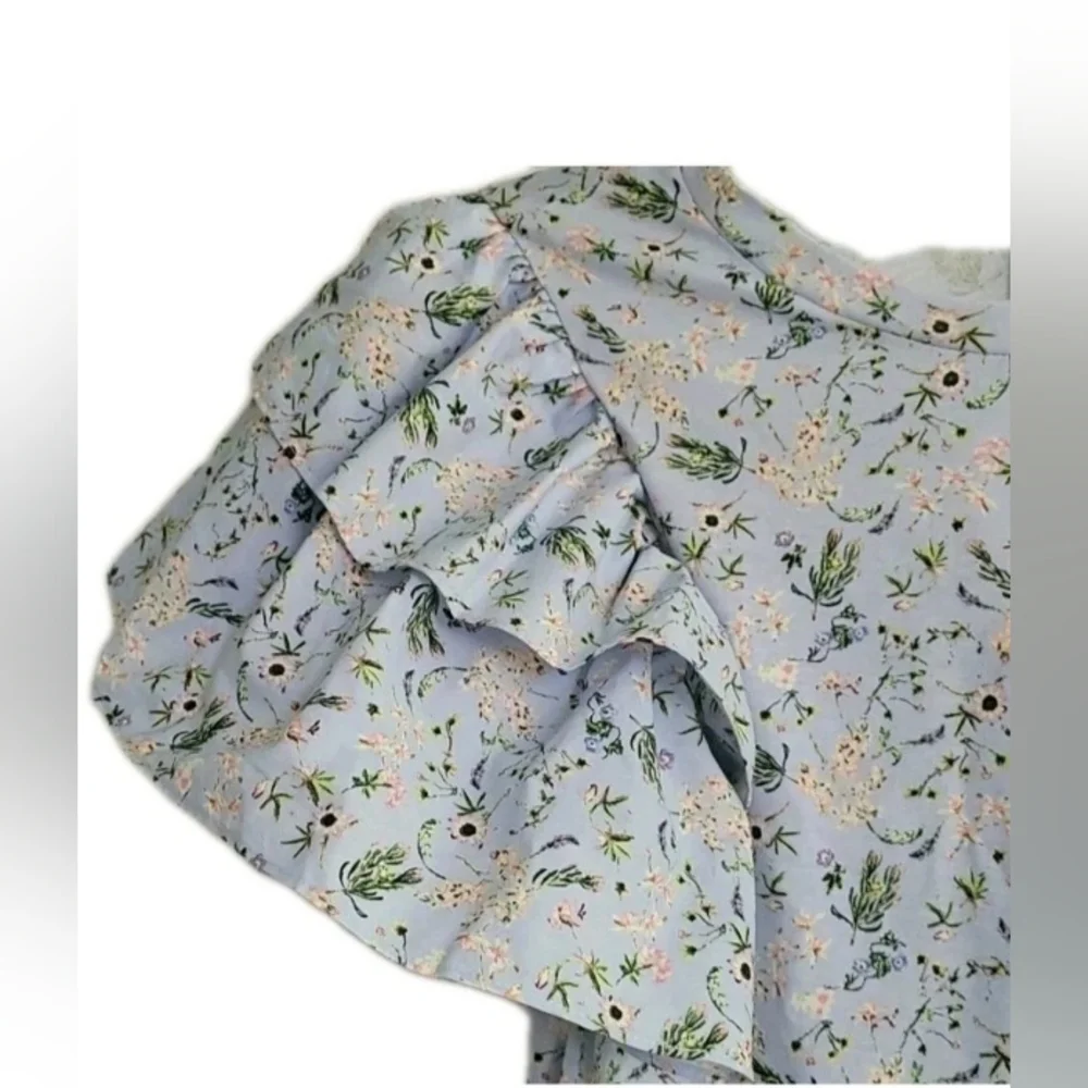 Zara Blue Floral Ruffle Sleeve A-Line T Shirt Dress Women's Size Medium - Picture 4 of 6